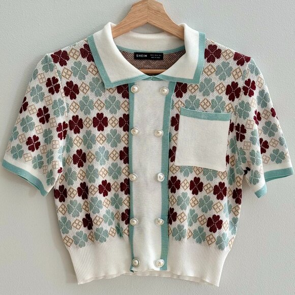 SHEIN Women's Geo Pattern Patch Pocket Button Front Knit Cropped Polo Top S NWOT - Picture 1 of 7